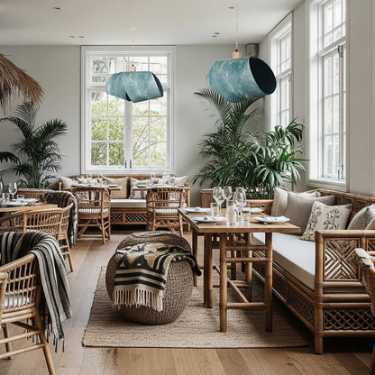 Luminaire de créateur artisanal ondulé vert, dans un restaurant chaleureux et authentique avec du mobilier en osier et des tissus clairs
